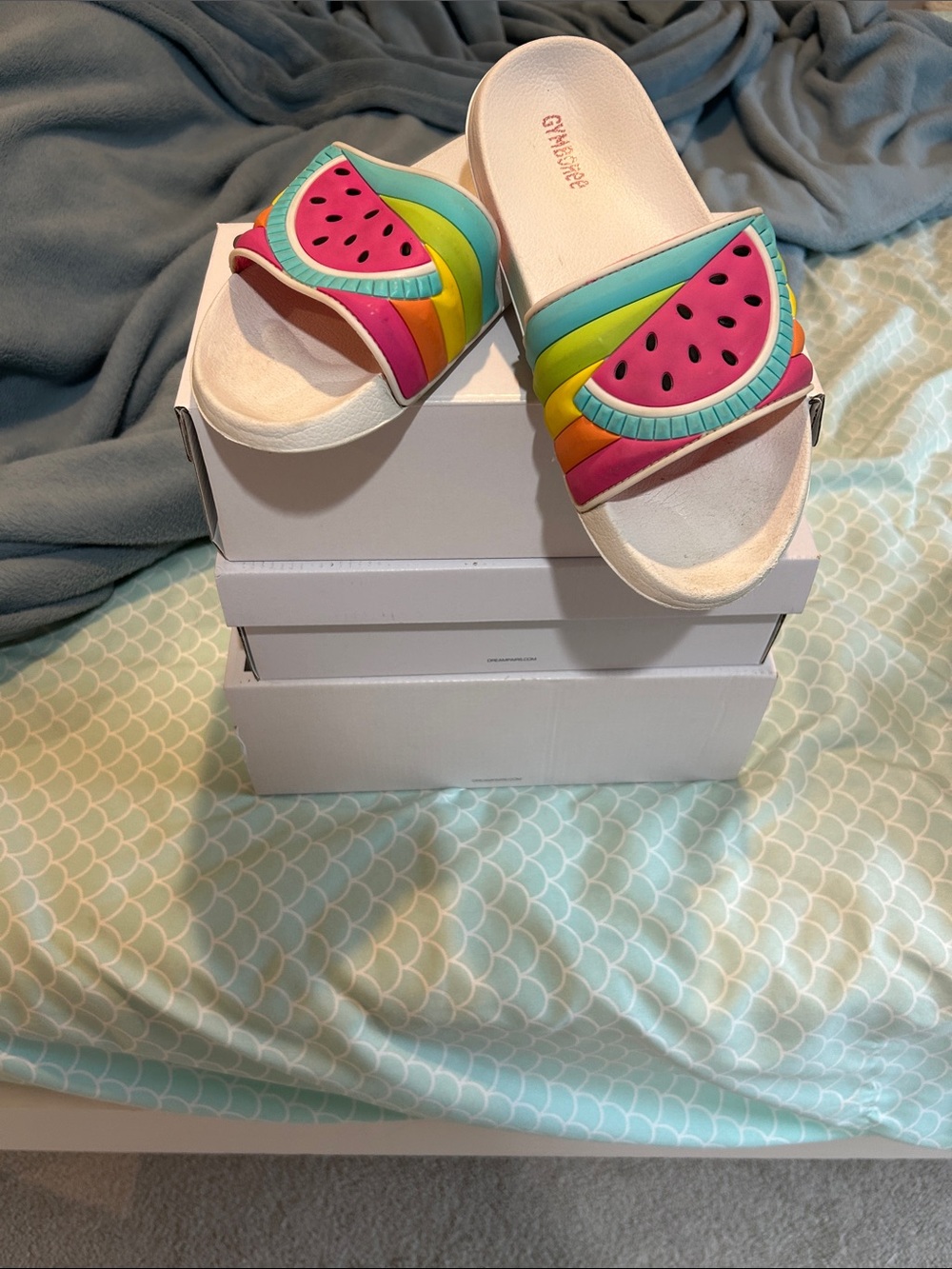 Girls White Slide Sandals with Colorful Watermelon Detail